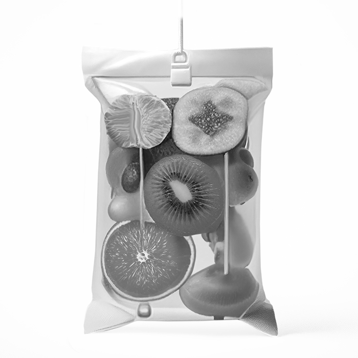 Saline bag full of fruit representing vitamin injections