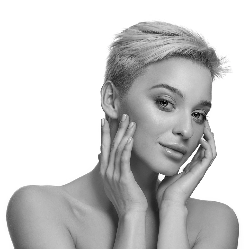 perfect and clean skin of face of a woman with short hair